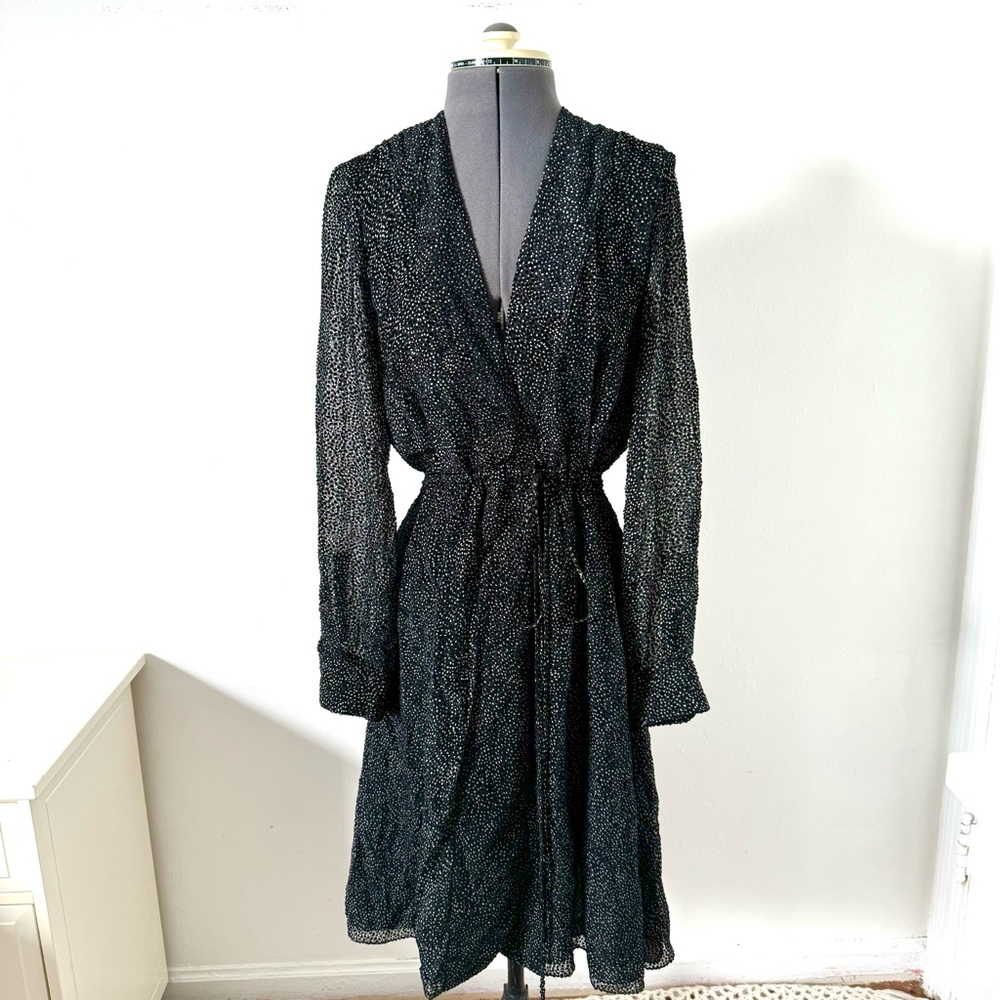 Maiyet Black and White Polka Dot Wrap Dress with long sleeves